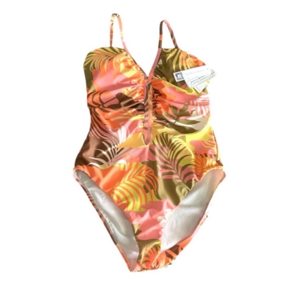 NEW Sanctuary One Piece Swimsuit Ruched Tropical Print Pink Orange Yellow Size M